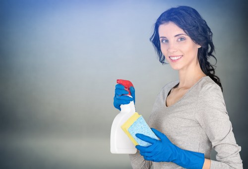 Professional cleaner maintaining an office kitchen and work area in N22